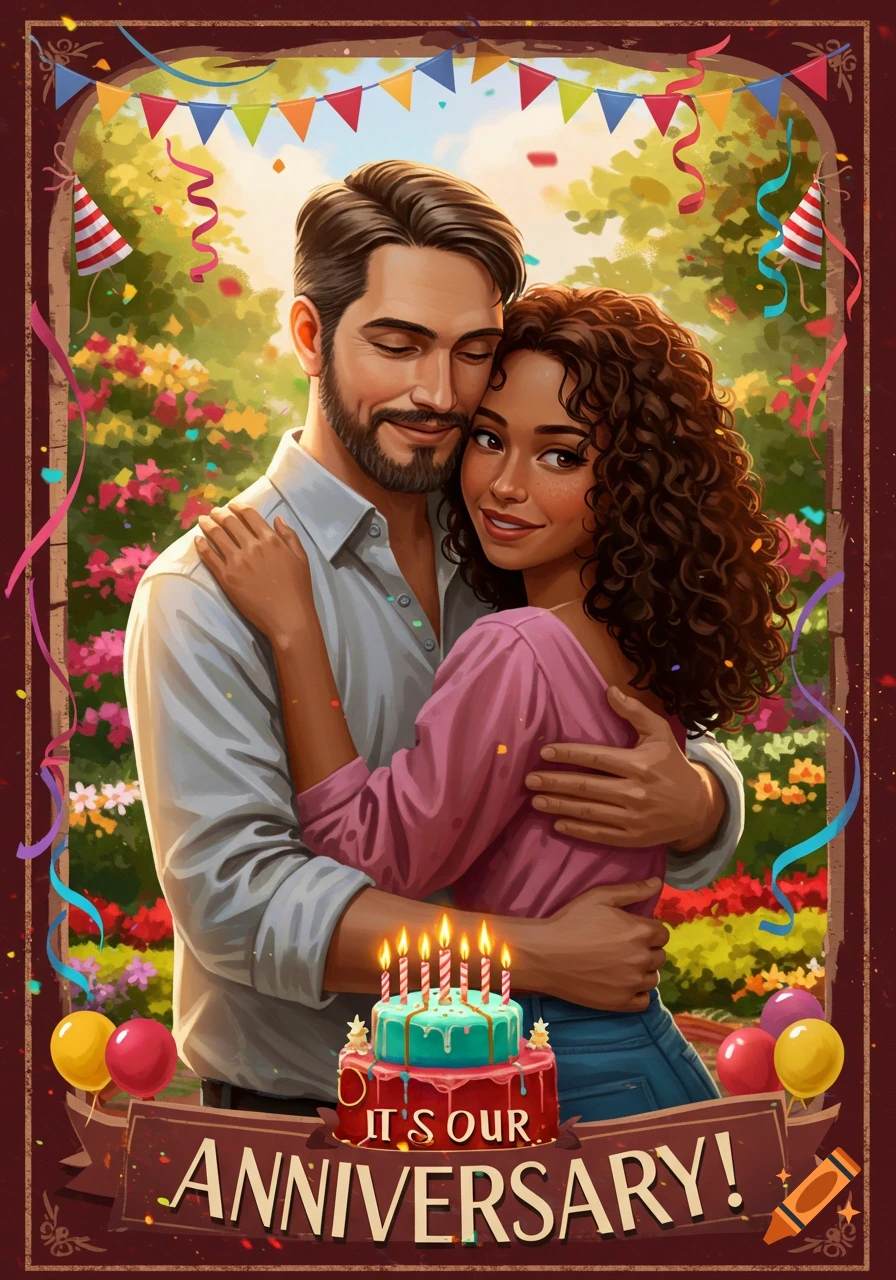 Couple hugging in a garden setting with an anniversary cake and banner