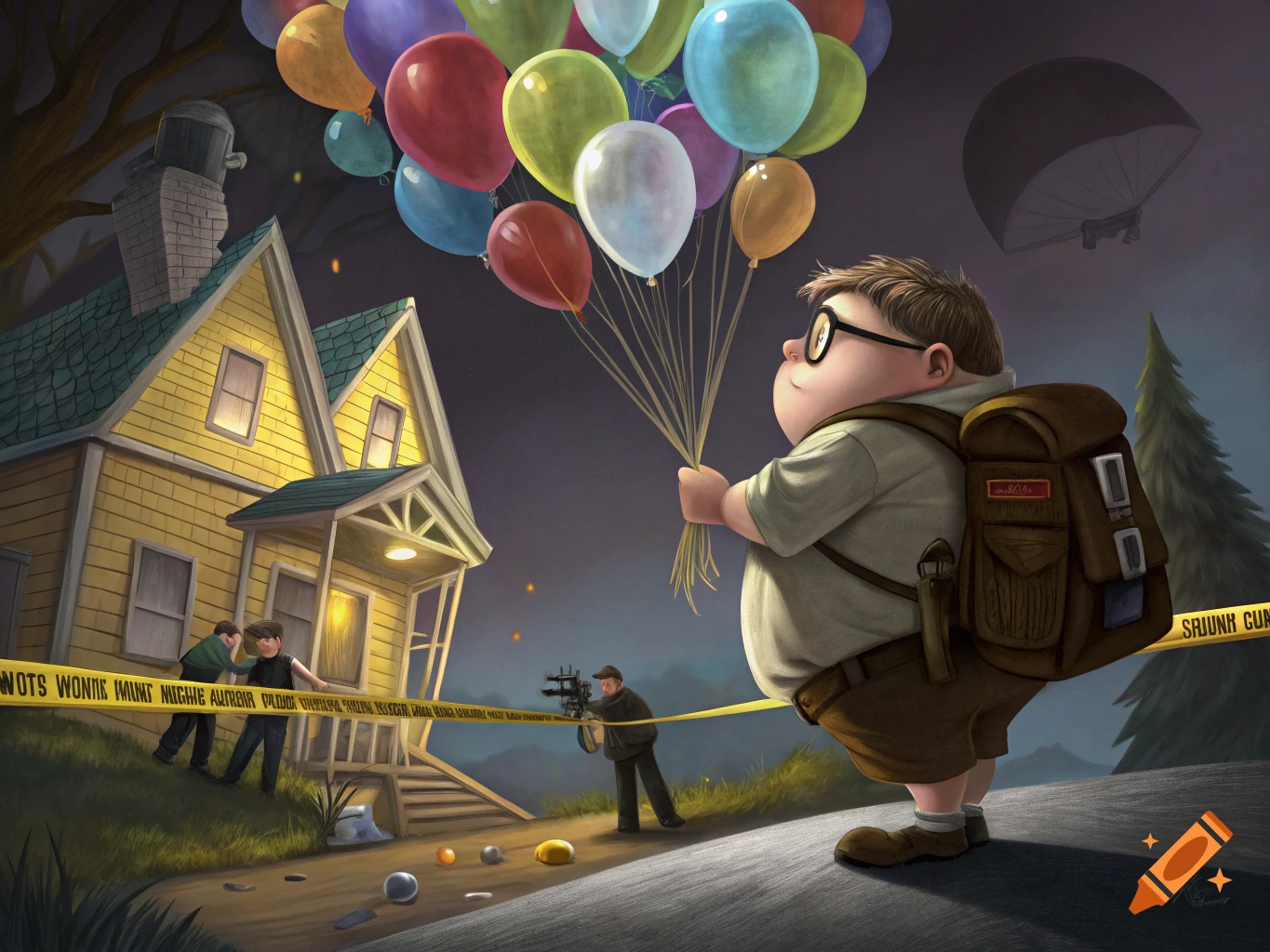 An illustration of Russell from Up holding balloons near a house with crime scene tape and figures in the background.