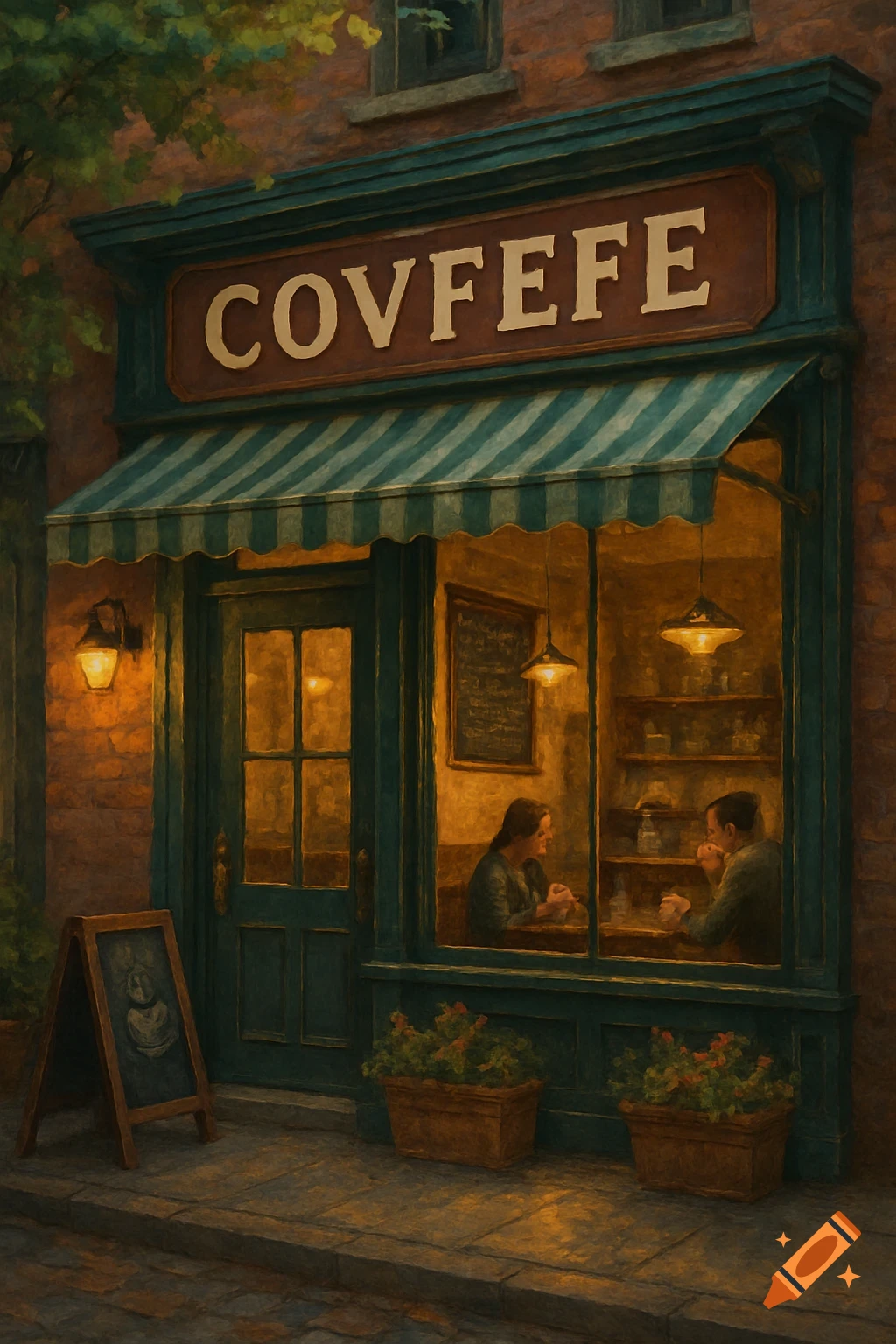 A digital painting of a coffee shop with a Covfefe sign at night, showing two people inside through the window.