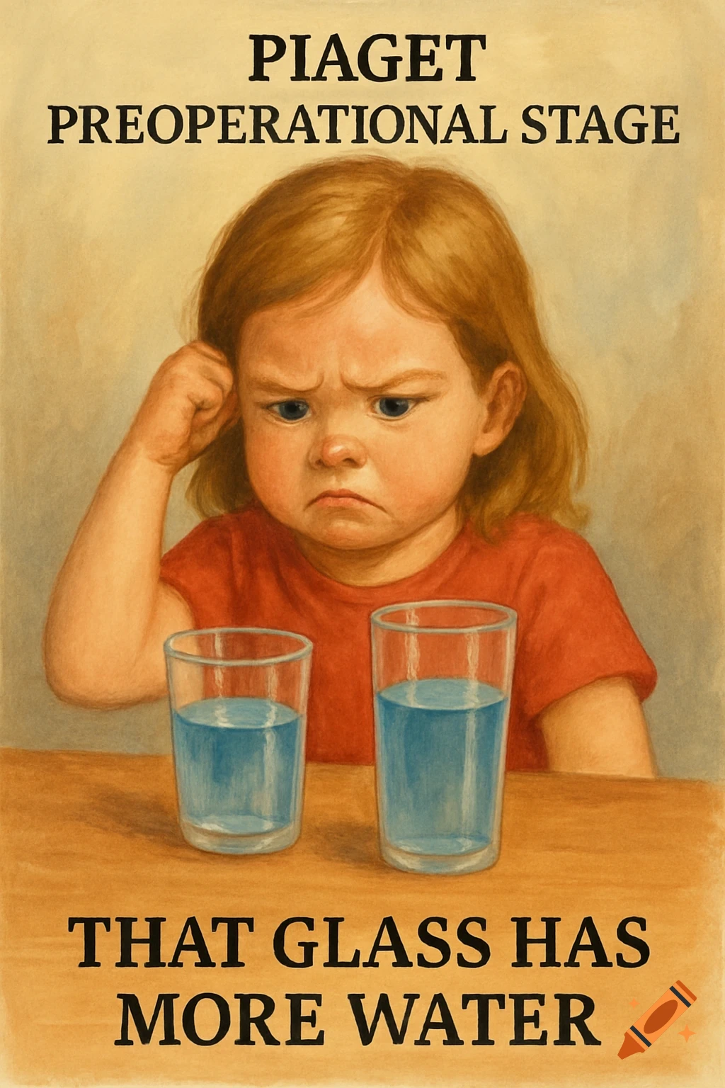 Illustration of a confused child looking at glasses of water, a meme about Piaget's preoperational stage.