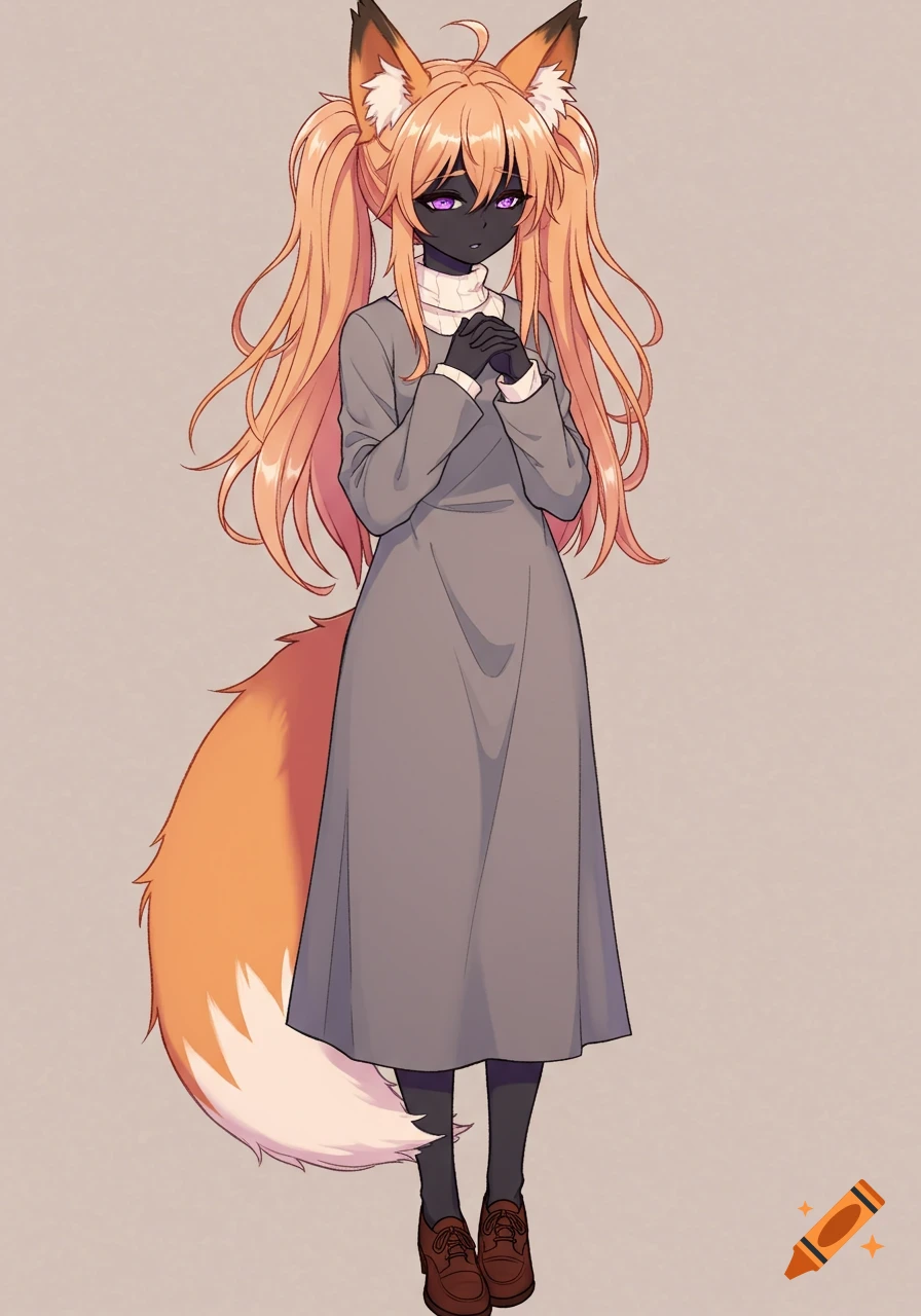 Anime fox girl with orange hair, pigtails, fox ears, and tail, wearing a gray dress and holding hands.