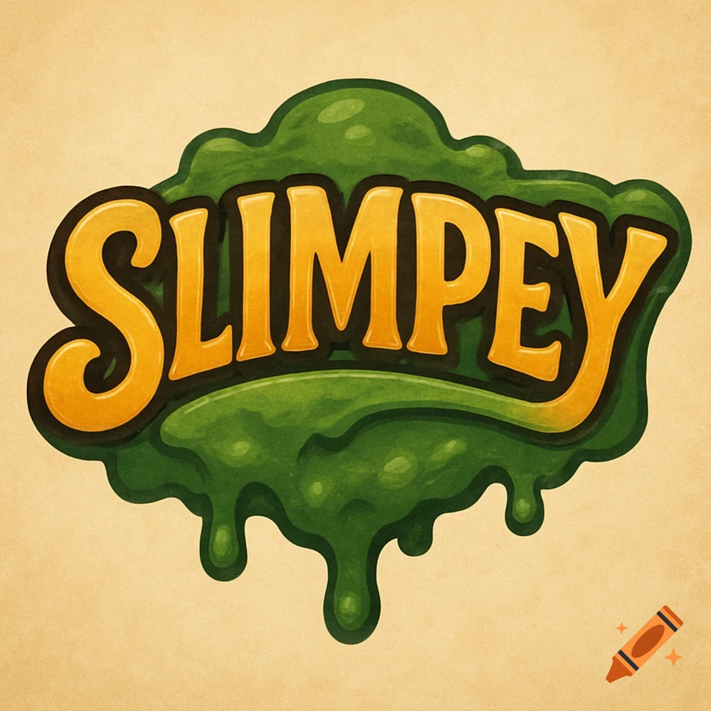 A logo with the word "SLIMPEY" in gold bubbly letters, surrounded by textured green slime dripping around it, on a beige background.
