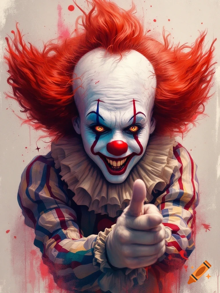 Scary clown with red hair and makeup giving a thumbs up, with paint splatter background, illustration style.