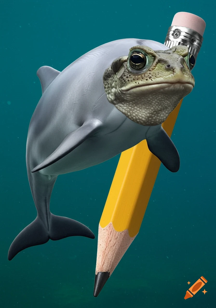 A surreal underwater image of a dolphin-toad hybrid creature holding a large yellow pencil.