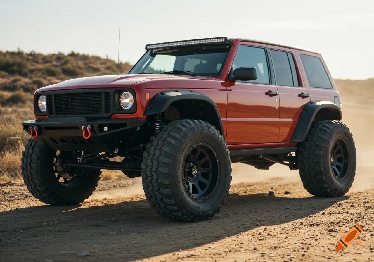 Red off-road SUV with large tires on a dirt road