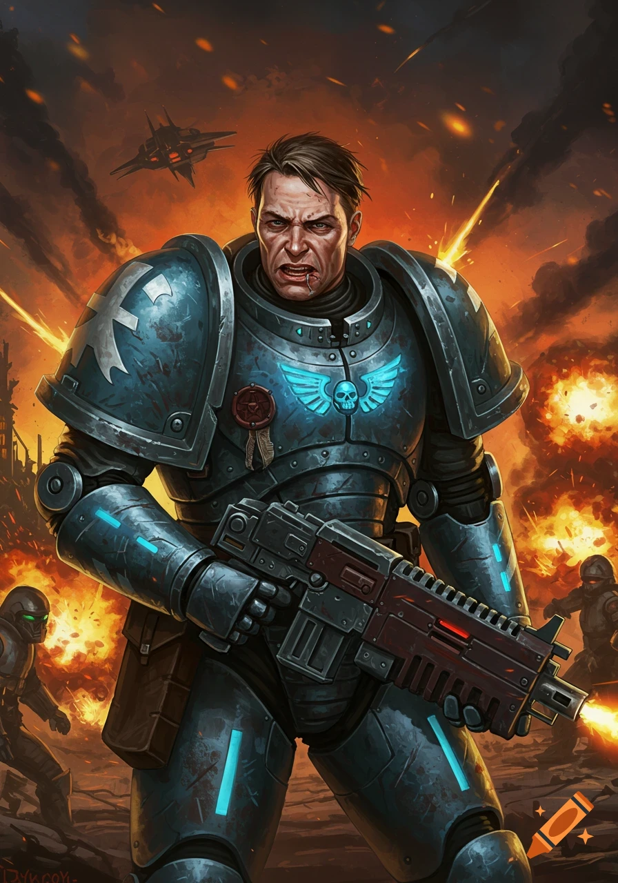 A space marine soldier in blue power armor holds a rifle in a fiery battle scene.