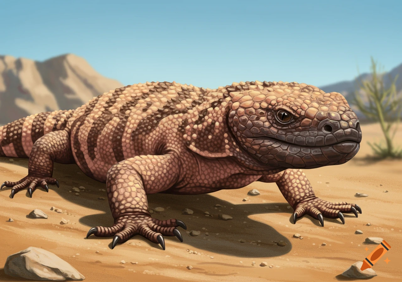 A realistic illustration of a Gila monster in a desert landscape.