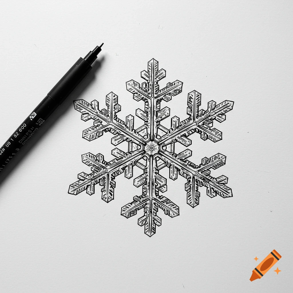 A detailed black and white line drawing of a snowflake next to a black pen on a white background.