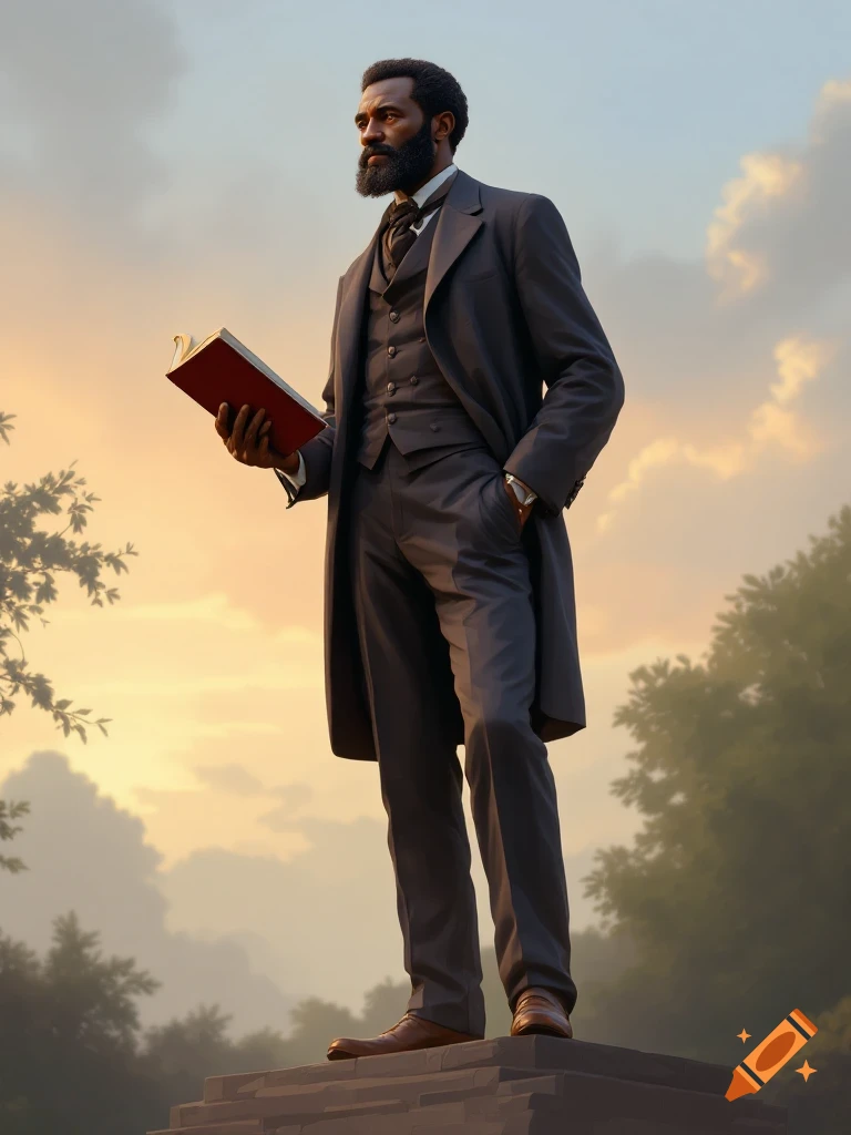 Monument of a bearded man in a suit holding a book at sunset