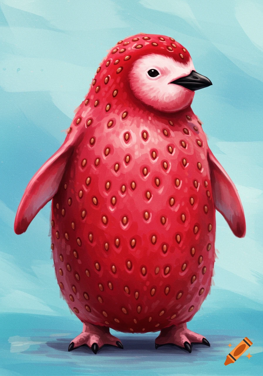 Illustration of a penguin that looks like a strawberry.