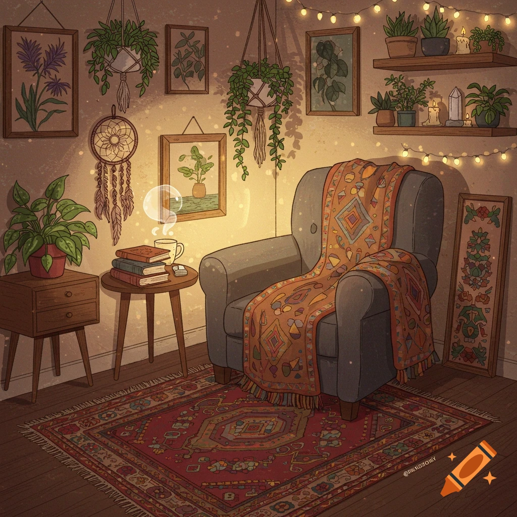Cozy illustrated reading corner with armchair, books, plants, and string lights.