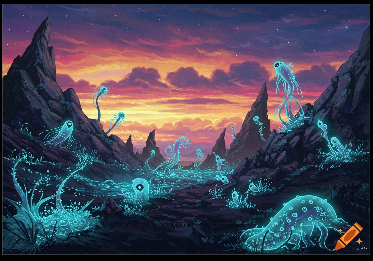 A vibrant alien landscape with glowing blue jellyfish-like creatures and strange plants under a colorful sunset sky.