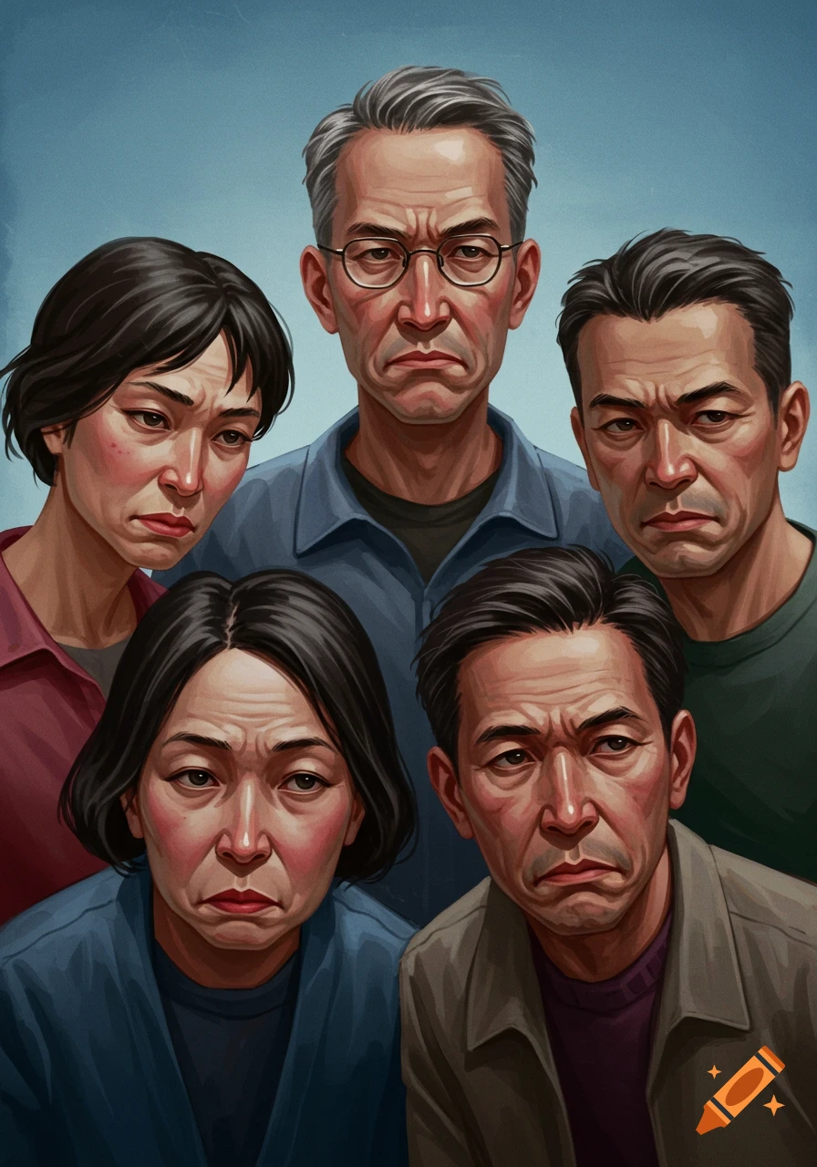 A group of five middle-aged people huddle together with unhappy expressions.