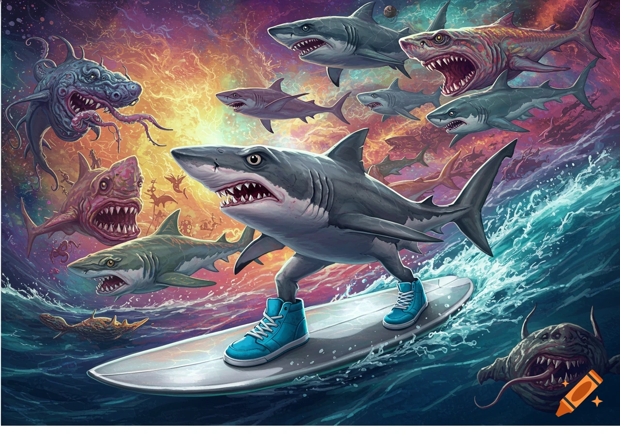 Illustration of a shark wearing blue shoes, surfing on a silver board while being chased by monstrous sharks in a cosmic ocean.