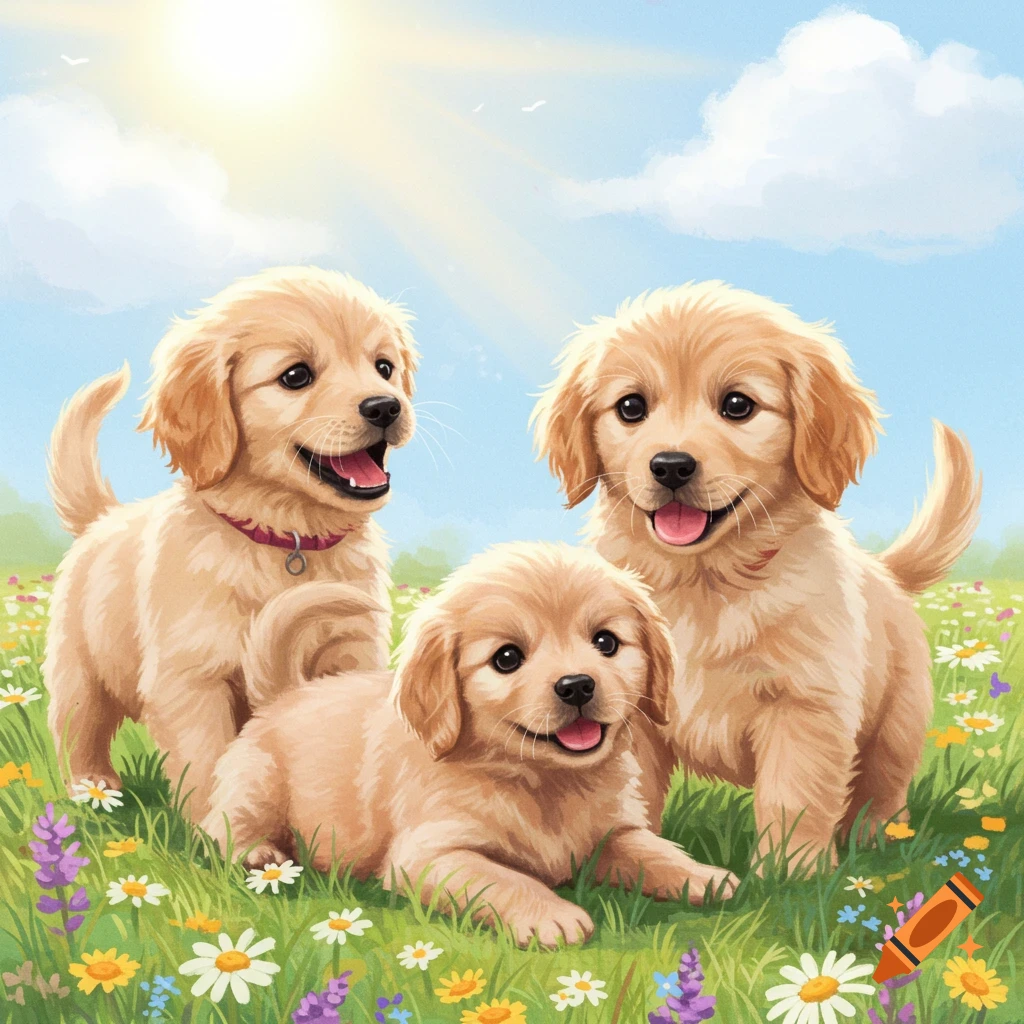 Three Golden Retriever puppies play in a field of flowers under a sunny sky, illustration style.