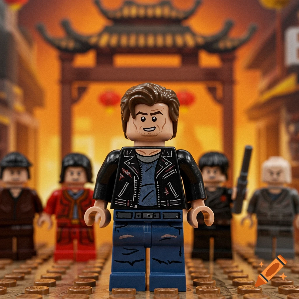 Lego figure resembling Jack Burton stands in front of other figures and an archway