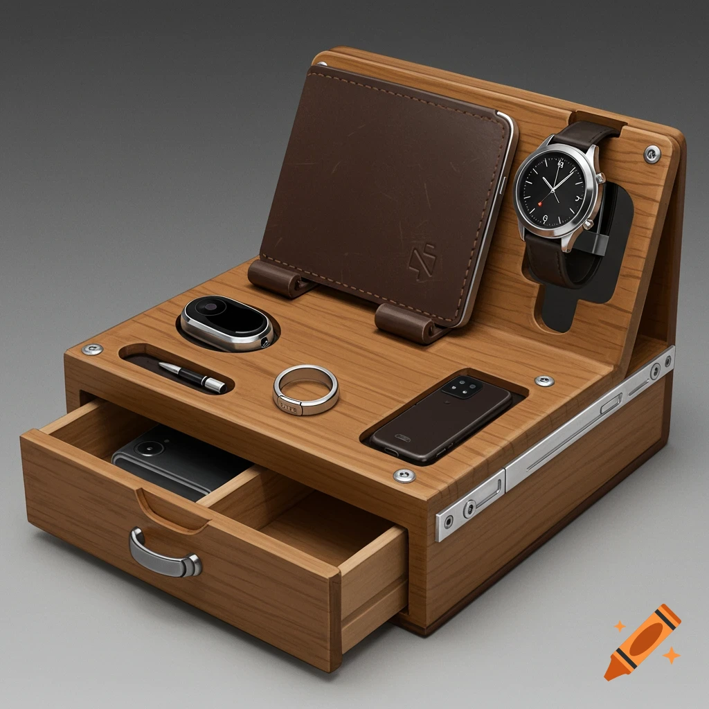 A wooden catch-all organizer with a drawer, phone stand, watch holder, ring, and pen in a photorealistic style.