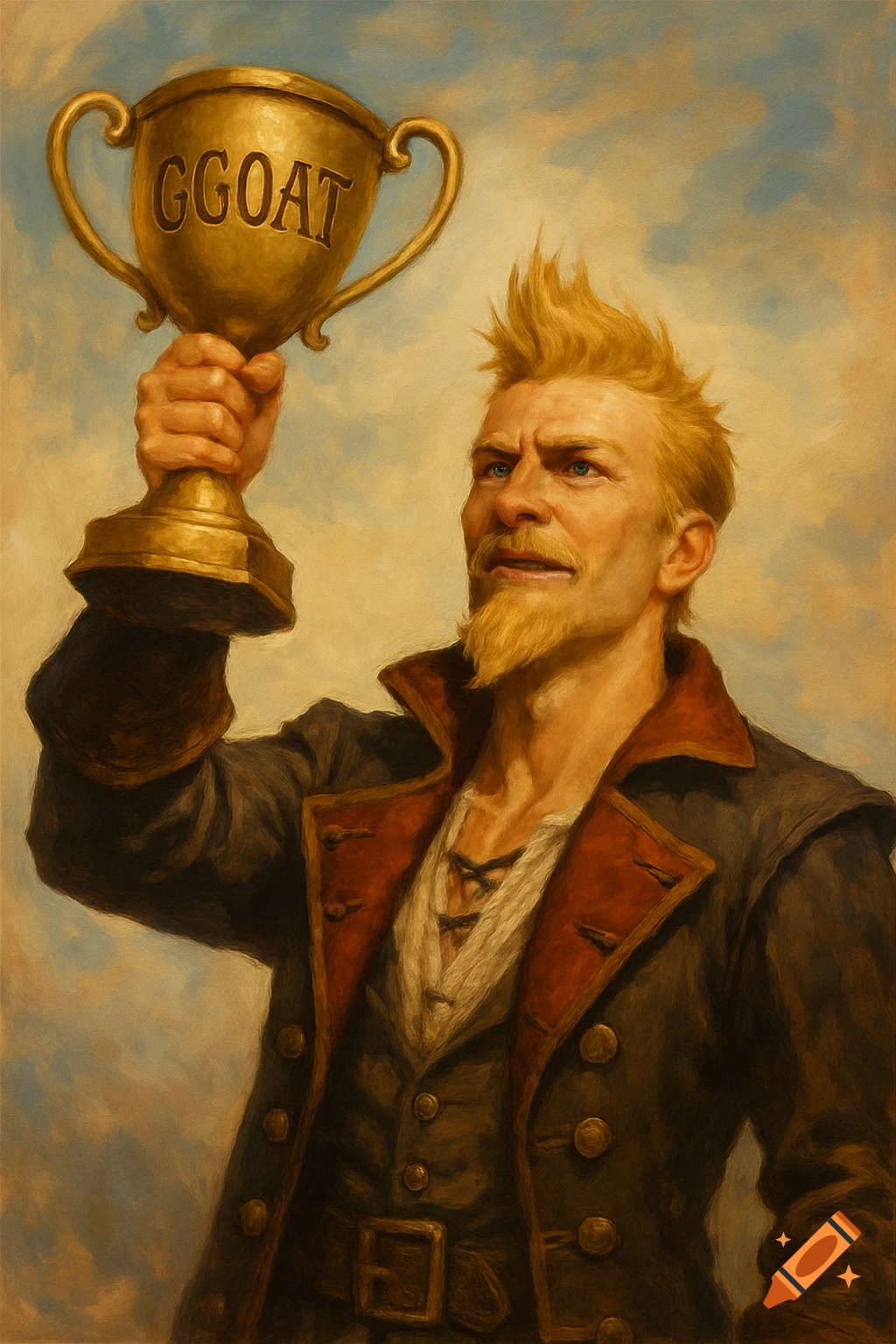 Painting of a man holding a gold trophy inscribed with 'GGOAT'.