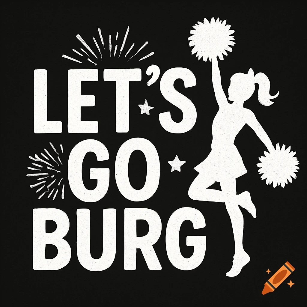 White text 'LET'S GO BURG' with a white cheerleader silhouette on a black background