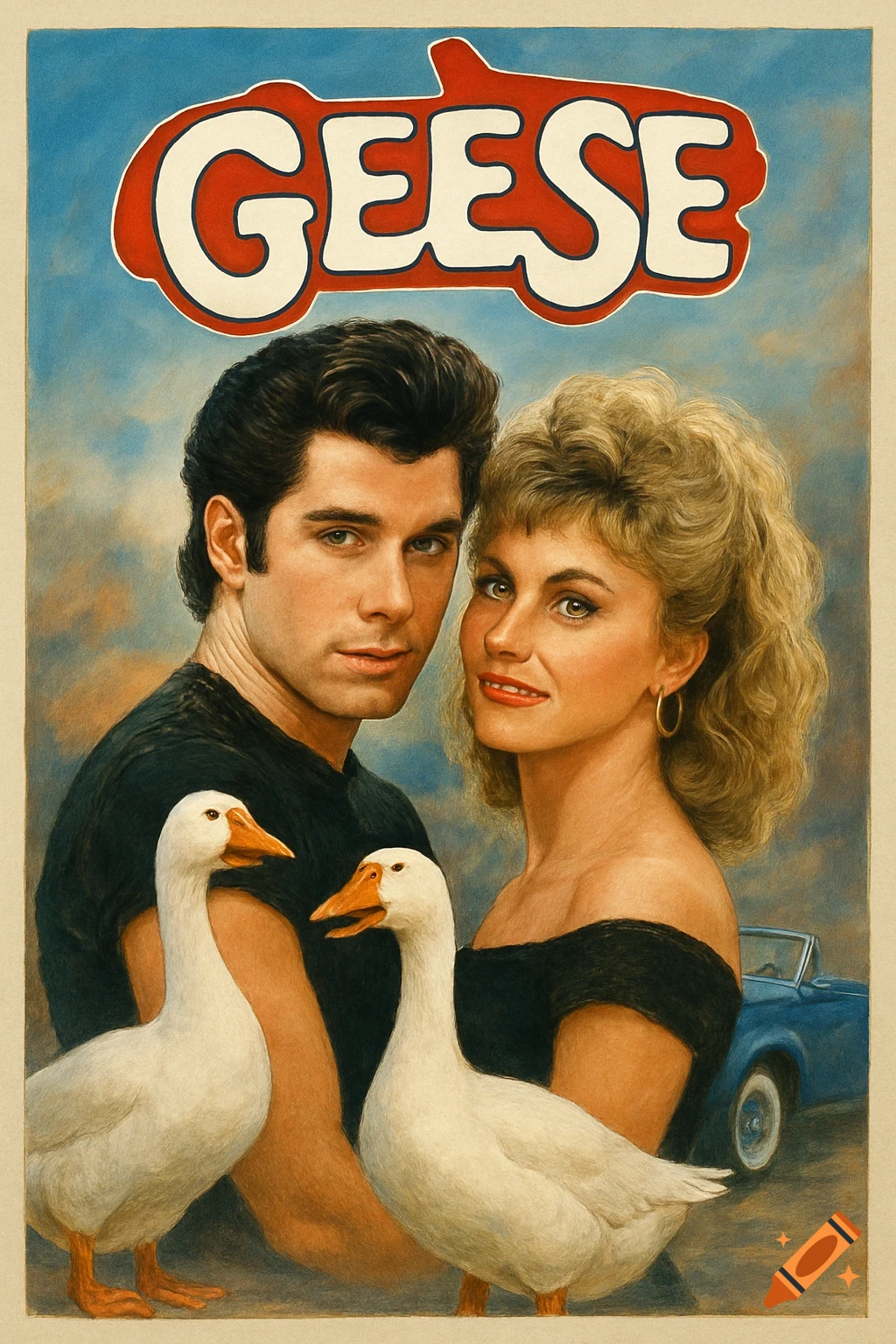 Movie poster parody featuring a man and woman with two geese and the title 'GEESE'.