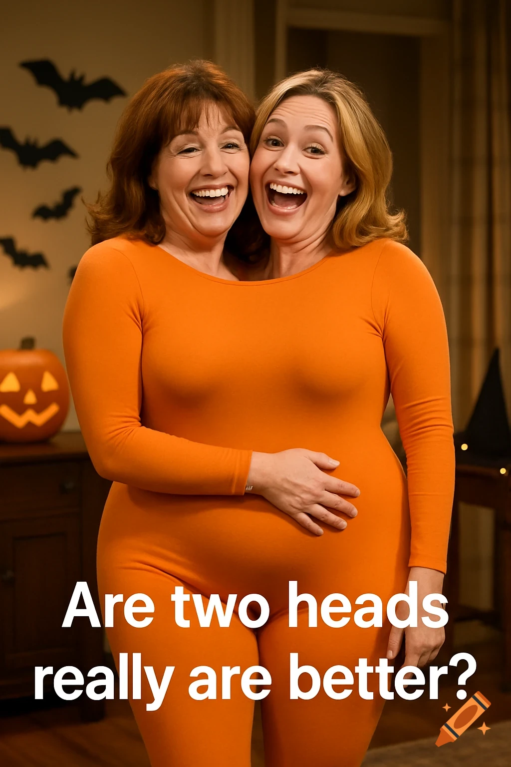 Two women fused into one body in an orange jumpsuit, laughing in a Halloween setting with bats and a pumpkin.