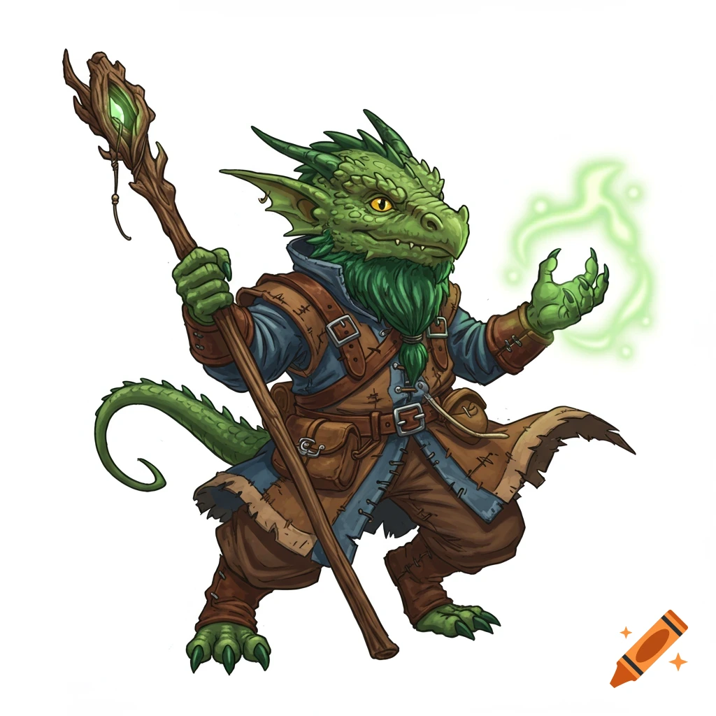 Detailed illustration of a green draconic gnome mage holding a quarter staff and casting a spell on a white background.