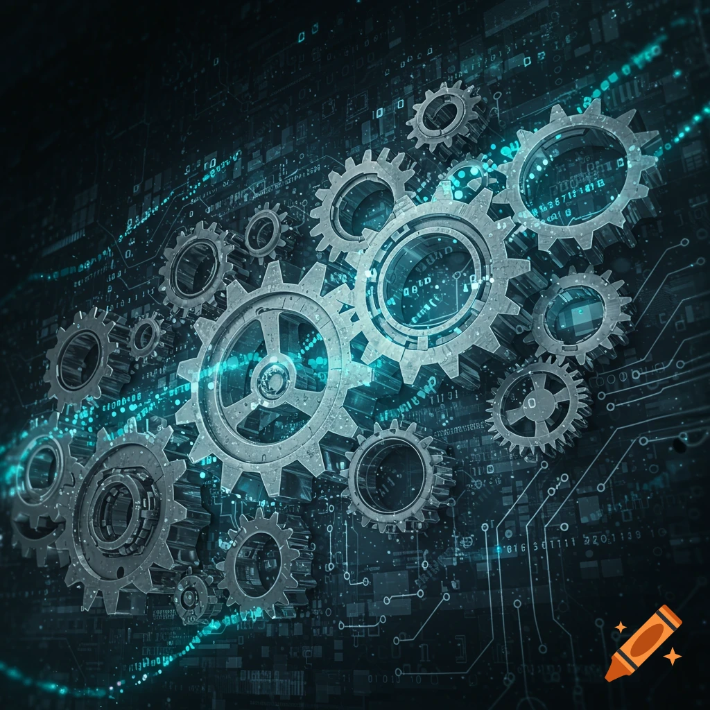 Metal gears layered over a dark digital circuit board background with glowing blue lights.
