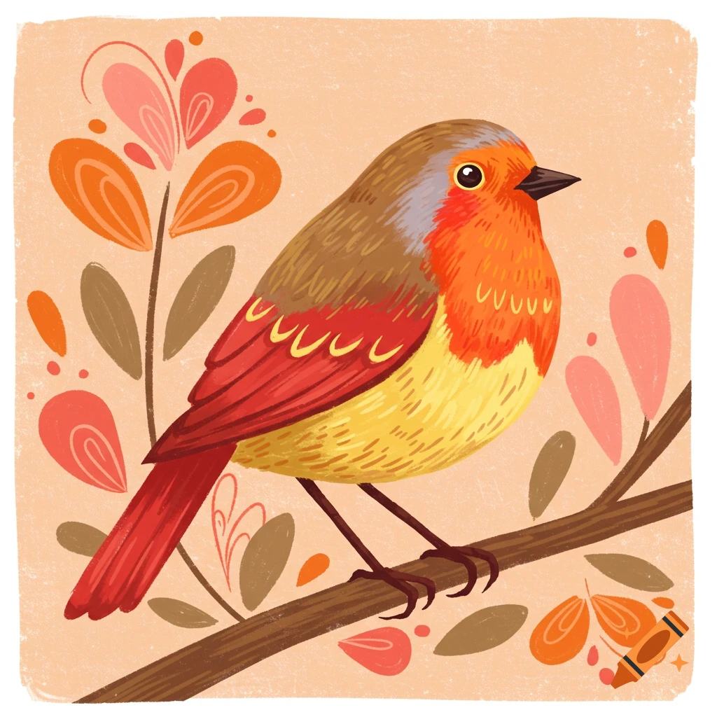 A folk art illustration of a bird on a branch with decorative flowers.