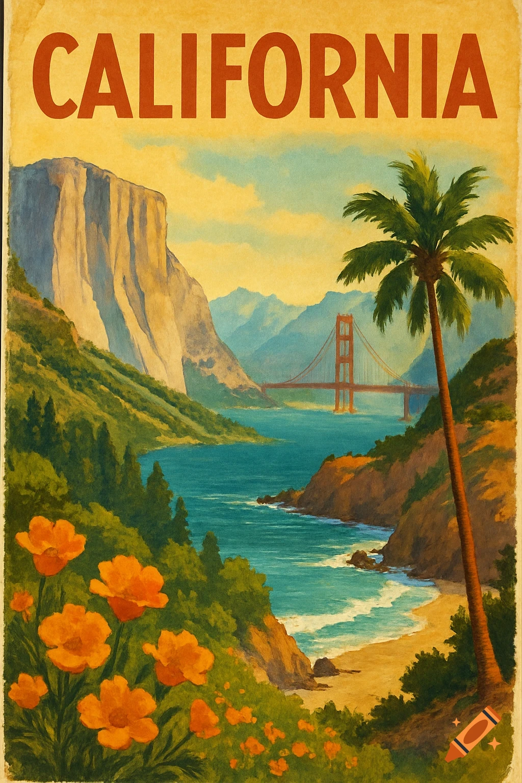 Vintage style travel poster featuring a California landscape with mountains, coastline, bridge, palm trees, and poppies, with 'CALIFORNIA' text.
