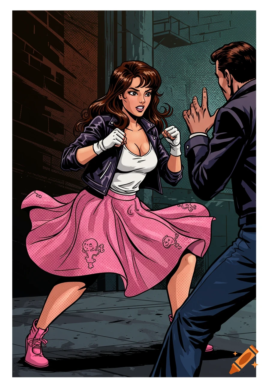 Comic art of a woman in a pink poodle skirt and leather jacket in a fighting stance facing a man.
