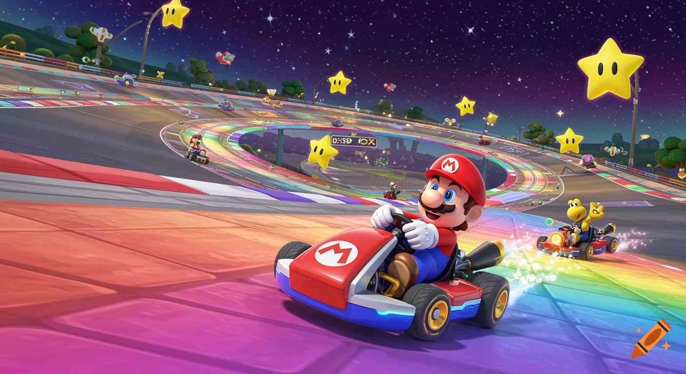Mario and other characters race in karts on the vibrant Rainbow Road under a starry night sky in a video game art style.