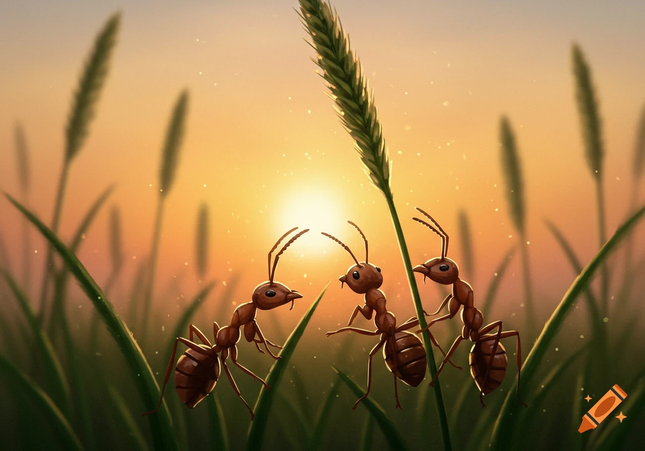 Three cartoon ants stand in tall grass watching the sun rise.