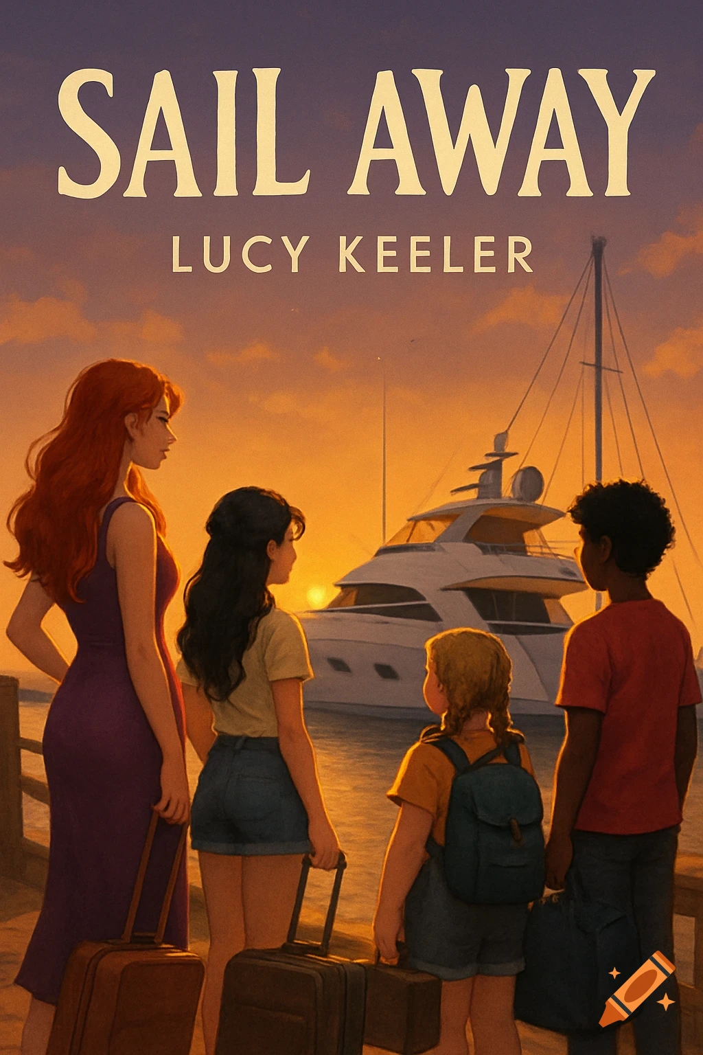 A group of people with luggage standing by a dock, looking at a yacht during sunset. Book title "SAIL AWAY".