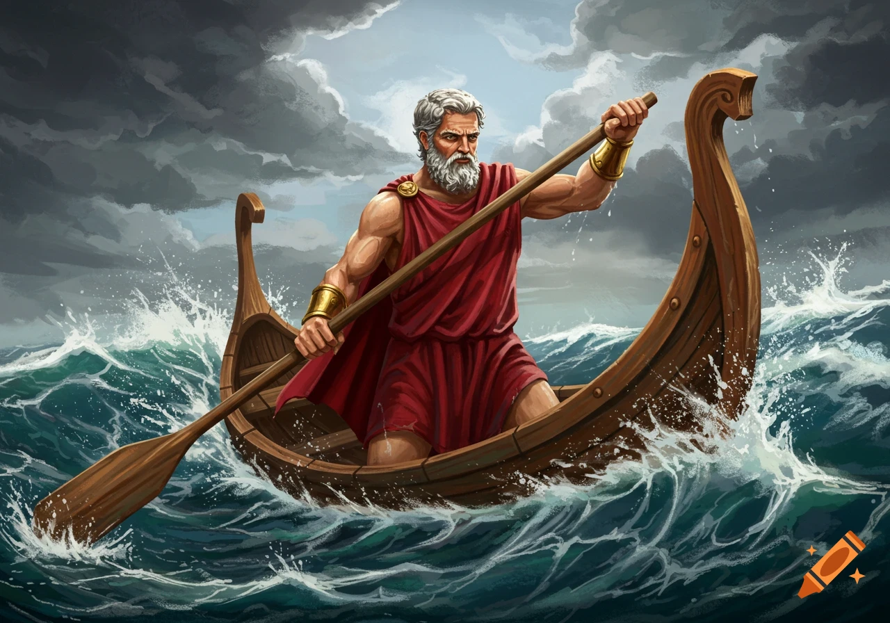 An illustration of a strong man with a beard rowing a boat through stormy seas.