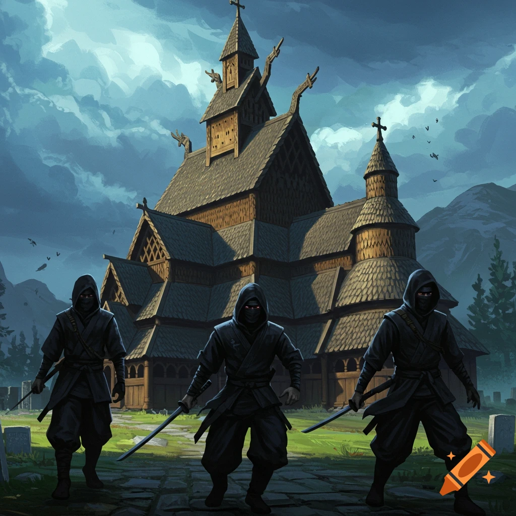 Three ninjas stand with swords drawn in front of a large, ornate stave church at dusk.