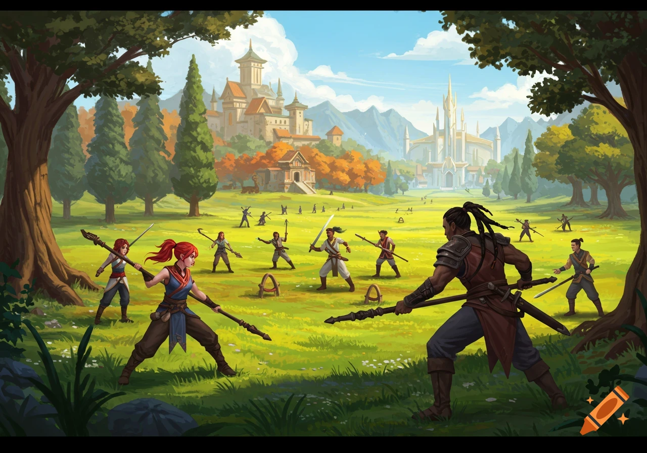 Fantasy characters practice combat in a grassy field before castles.