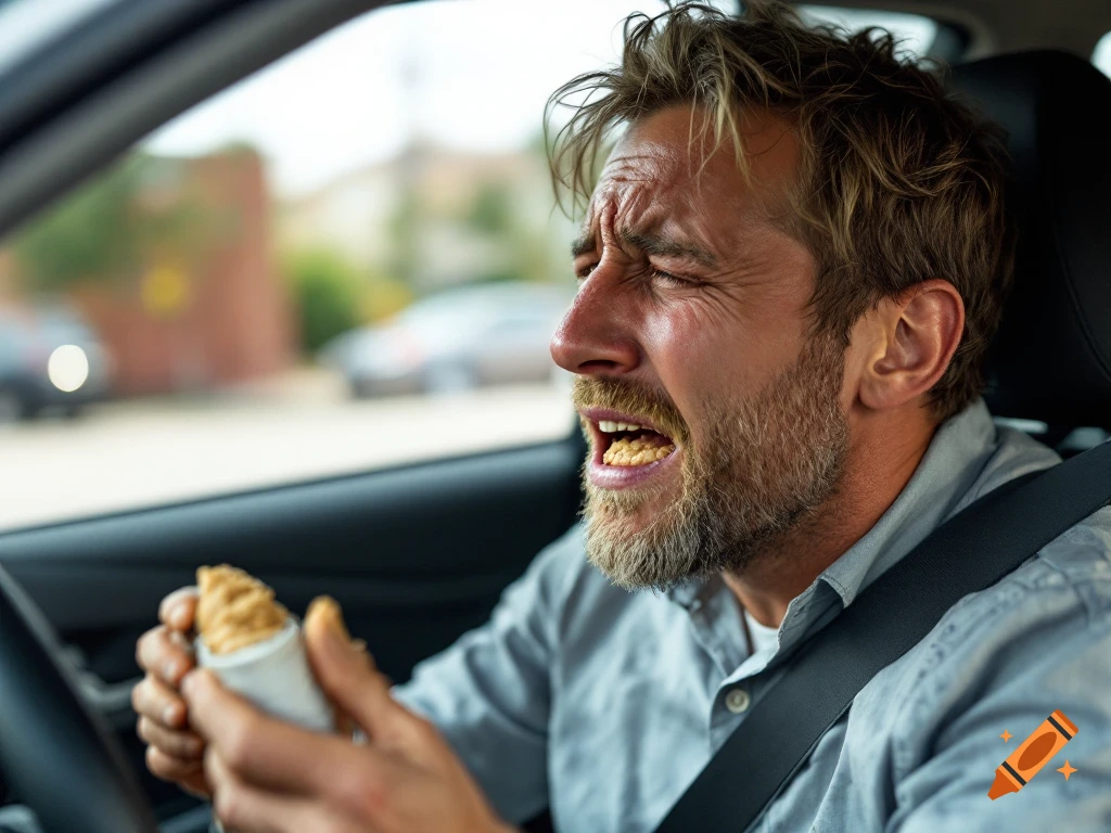 A man cries while eating from a tube in a car