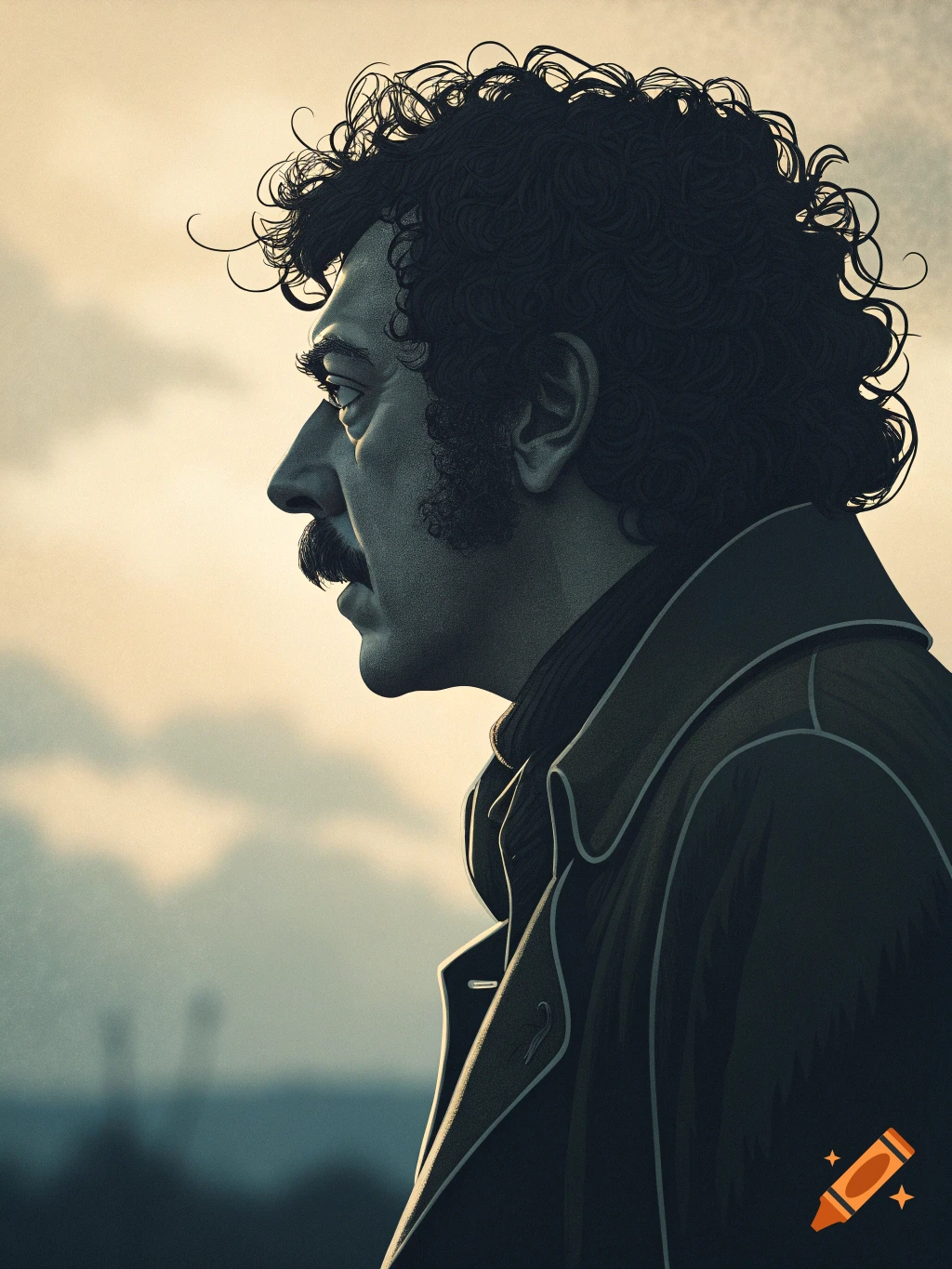 Stylized profile portrait of a man with curly hair and mustache wearing a coat against a cloudy sky.