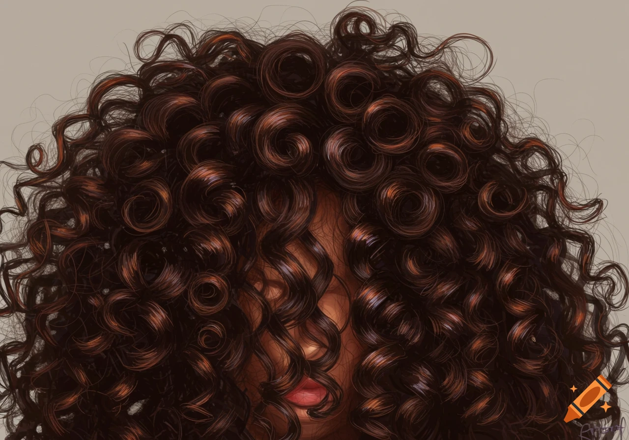Close up digital painting of dark curly hair covering a person's face, with eyes and mouth slightly visible through the curls.