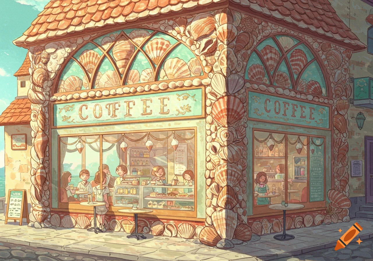 A charming cafe decorated with seashells, with people visible inside, in a detailed illustrative style.