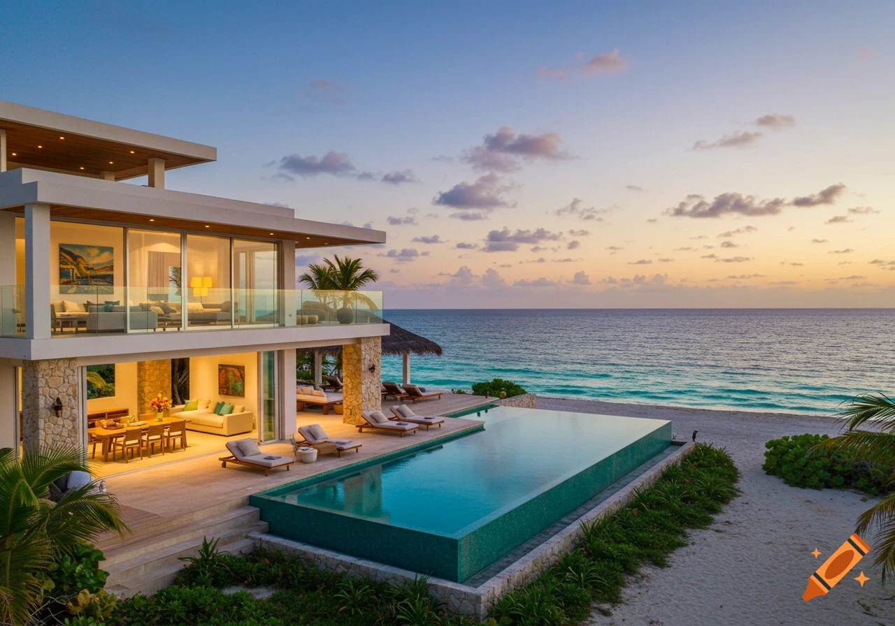 Modern luxury house with an infinity pool overlooking a beach and ocean at sunset