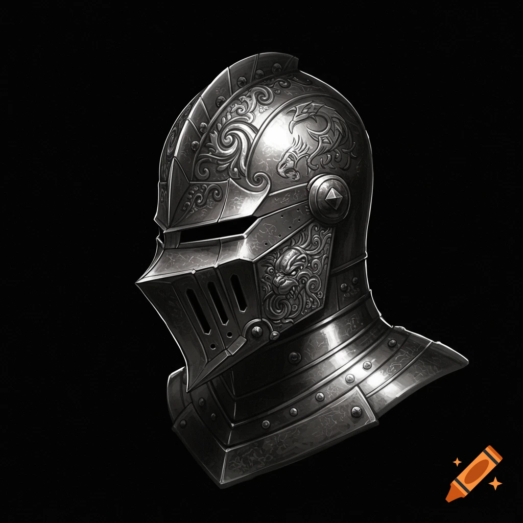 Detailed fantasy knight helmet on a black background.