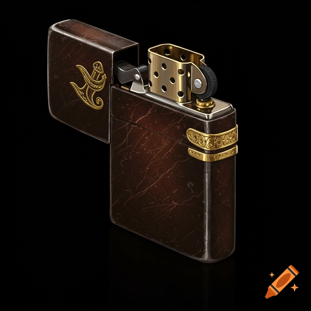 A photorealistic image of an open, dark brown leather lighter with gold accents and detailing on a black background.