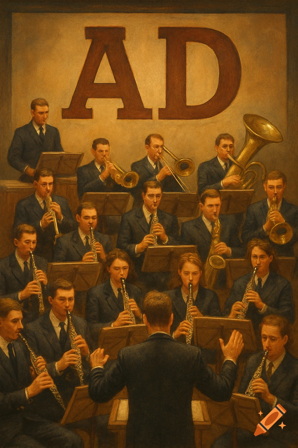 A large concert band playing instruments beneath large red letters 'AD' in a painting style.