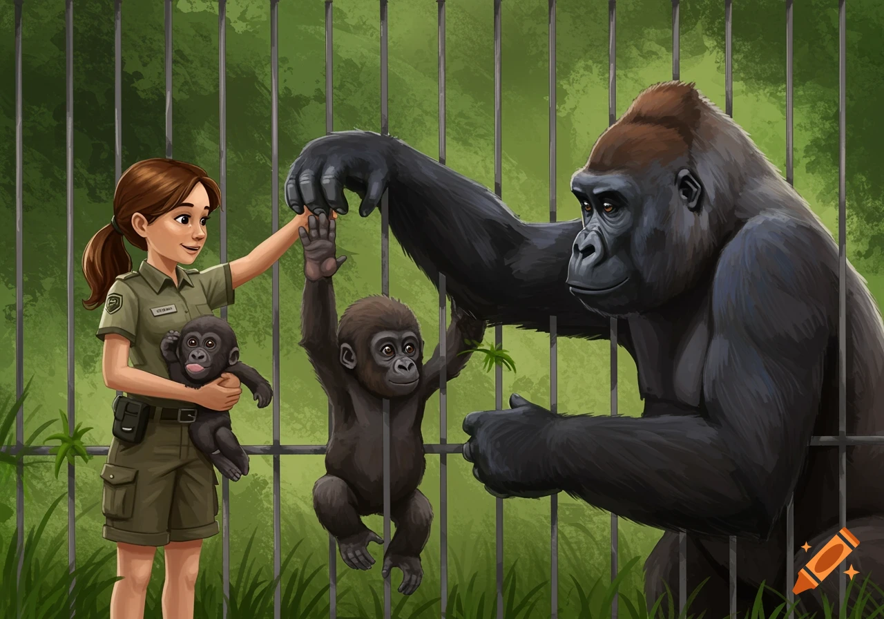Girl zookeeper holds a baby gorilla while another baby reaches through cage bars towards a male gorilla's hand. Digital illustration.