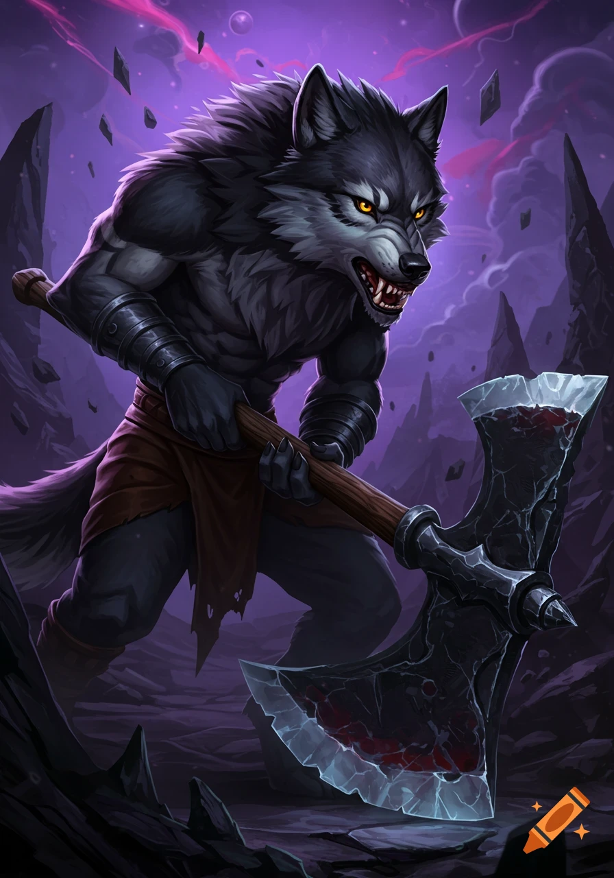 Muscular anthropomorphic wolf with glowing eyes holds a bloody axe in a dark fantasy landscape.
