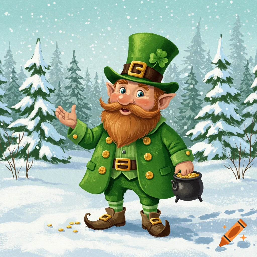 Cartoon leprechaun in snowy forest holding a pot of gold.