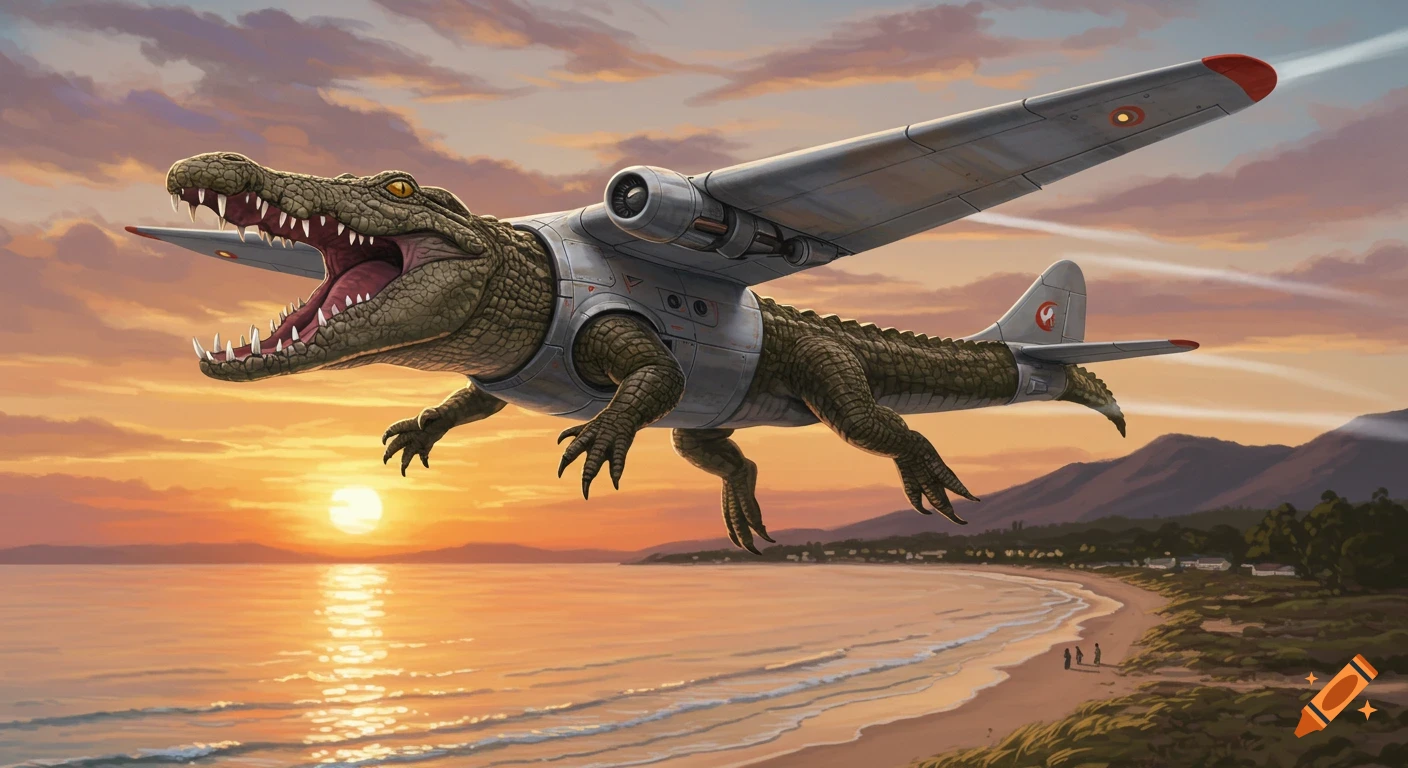 A surreal crocodile-plane hybrid flies over a beach during sunset.