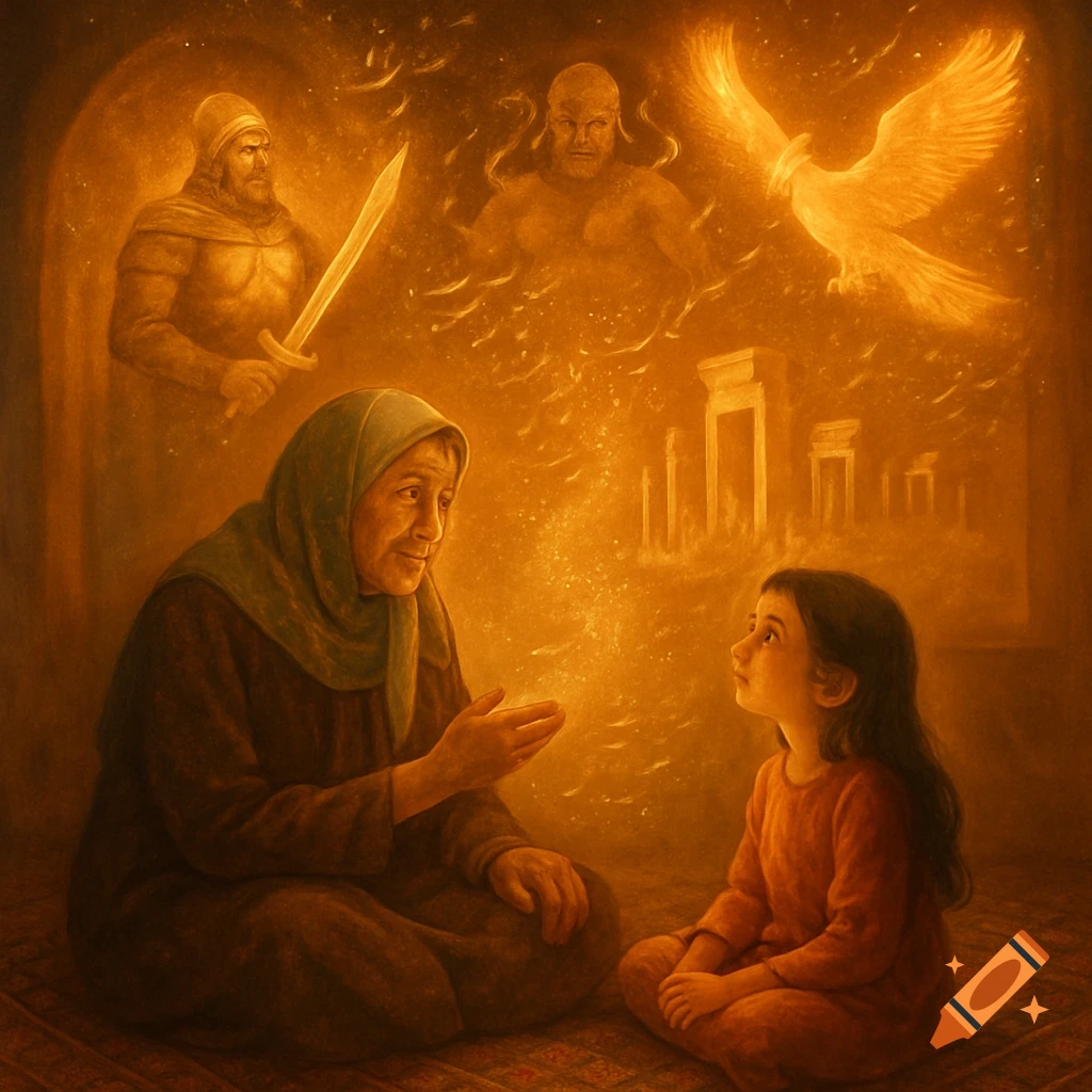 An Iranian grandmother tells stories to her granddaughter in a warm room, with glowing images of figures and ruins floating around them.