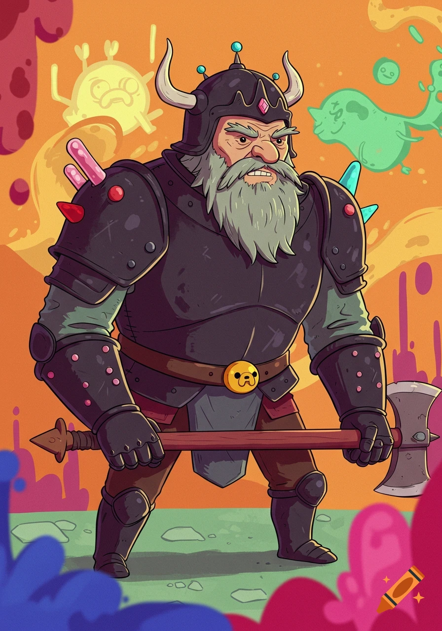 Adventure Time style character in armor with horned helmet and axe